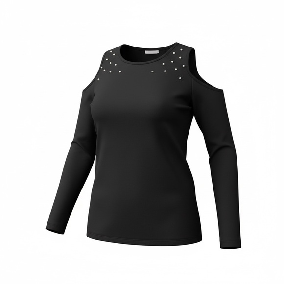 Como Blu Tops - Como Blu Black Studded Shoulder Top Size L/G | Cold Shoulder Long Sleeve Blouse